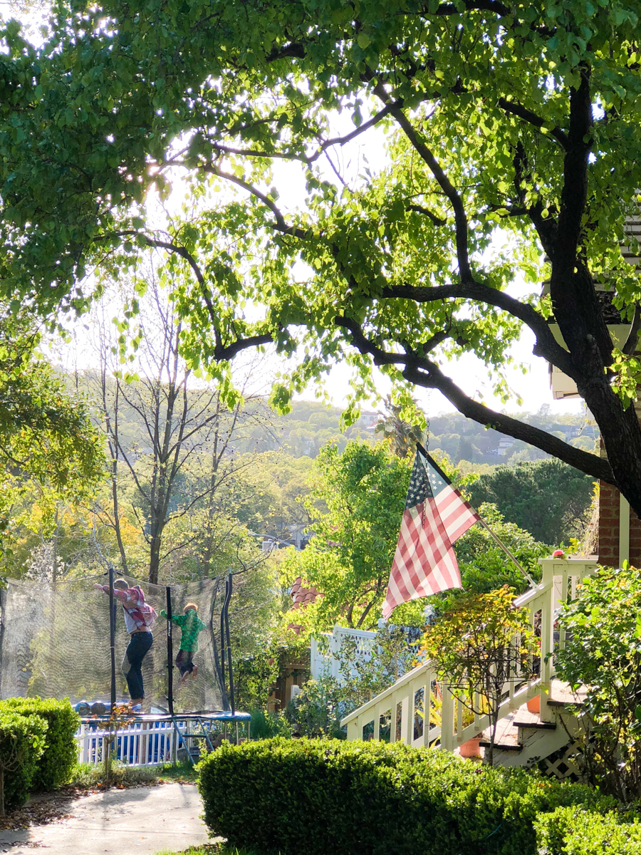 A boy and his dad jump around with a flag in the foreground