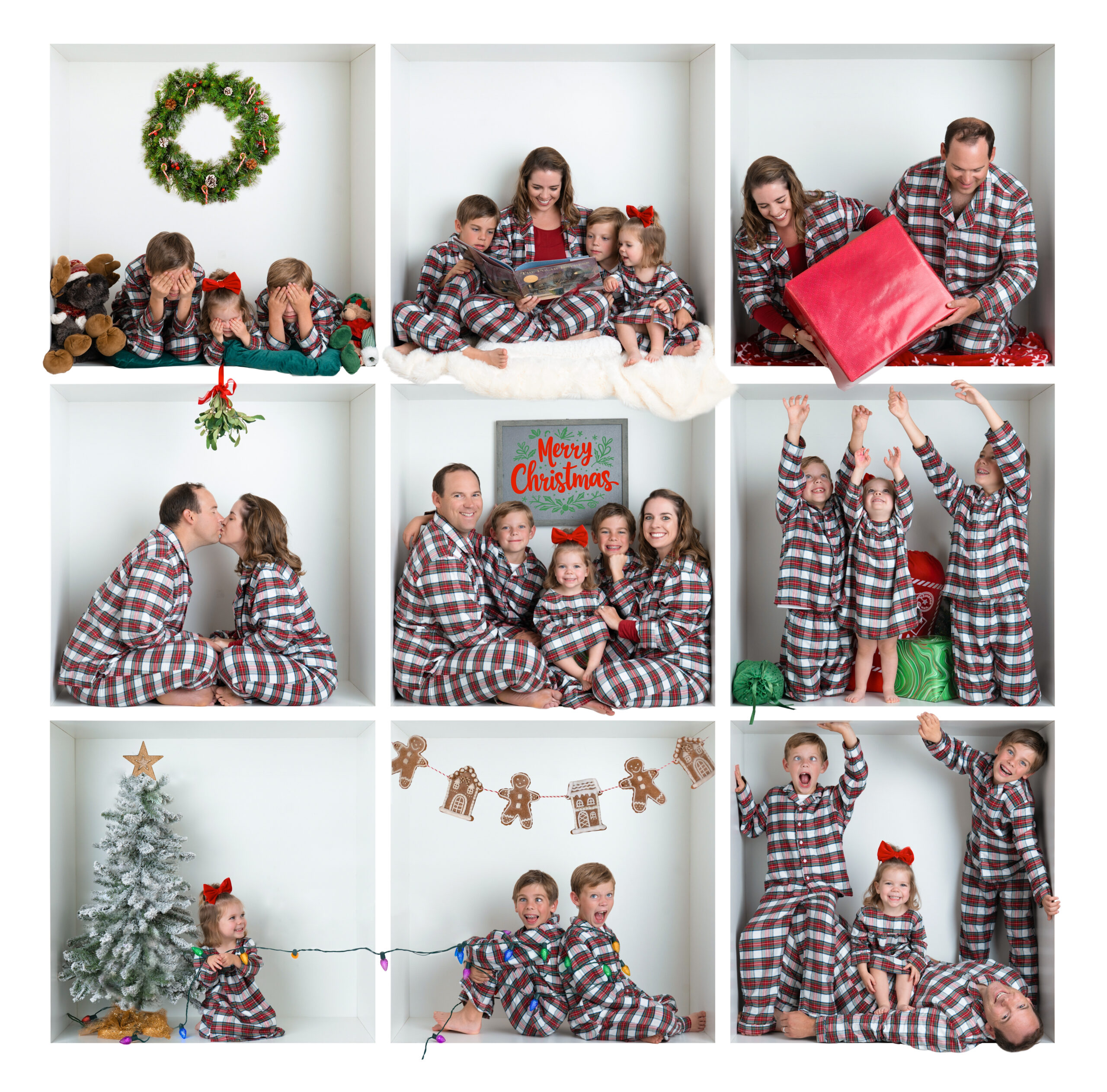 A nine grid photo that shows the family in each box doing something festive for the holidays.